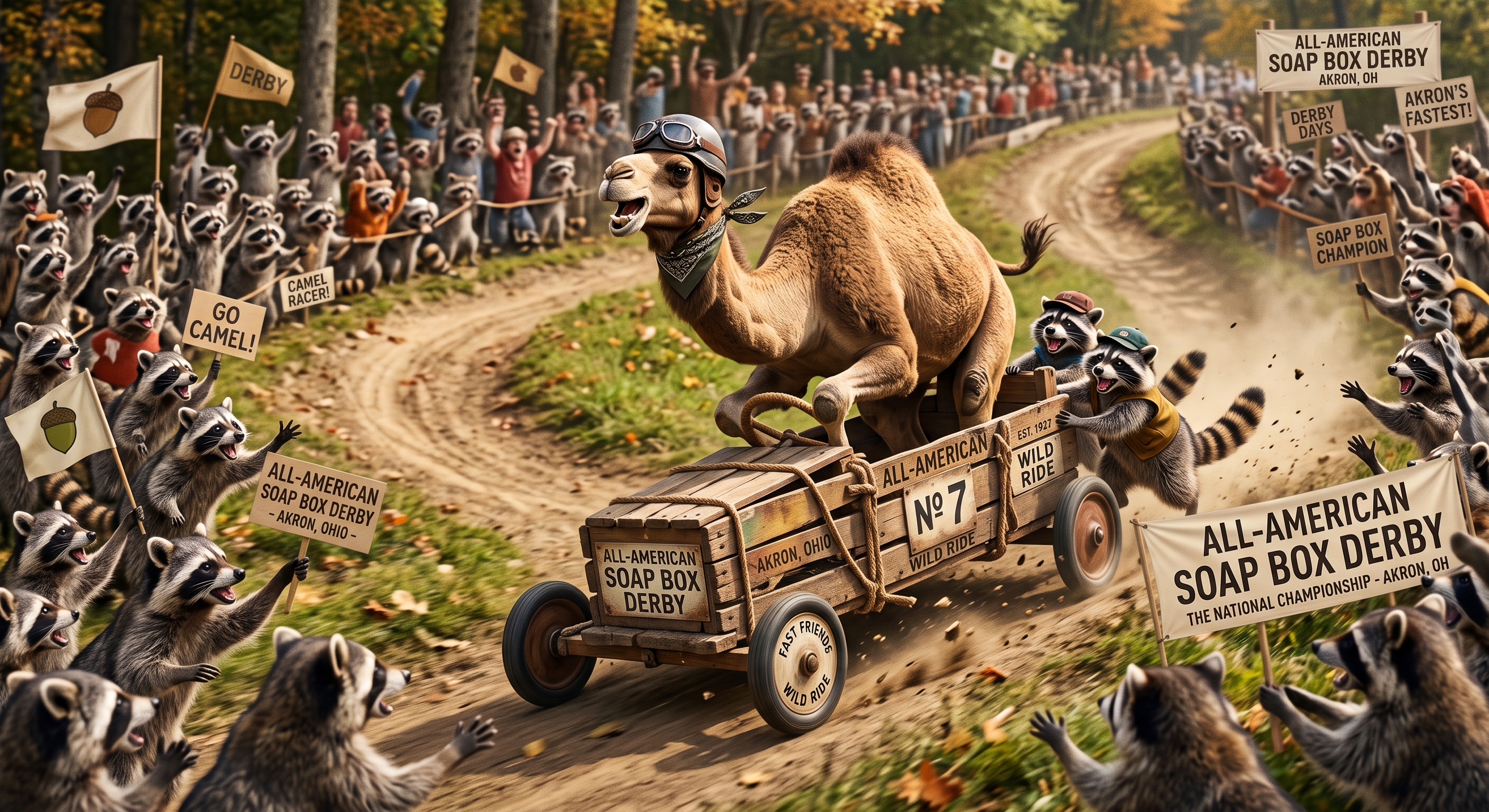 On this 92nd anniversary of the first Soap Box Derby (held in Dayton, Ohio on Aug 19, 1934), with assistance from his team "The Audacious Acorns", Mr. Camel competes in the All-American Soap Box Derby. Good luck and Happy Hump Day!
