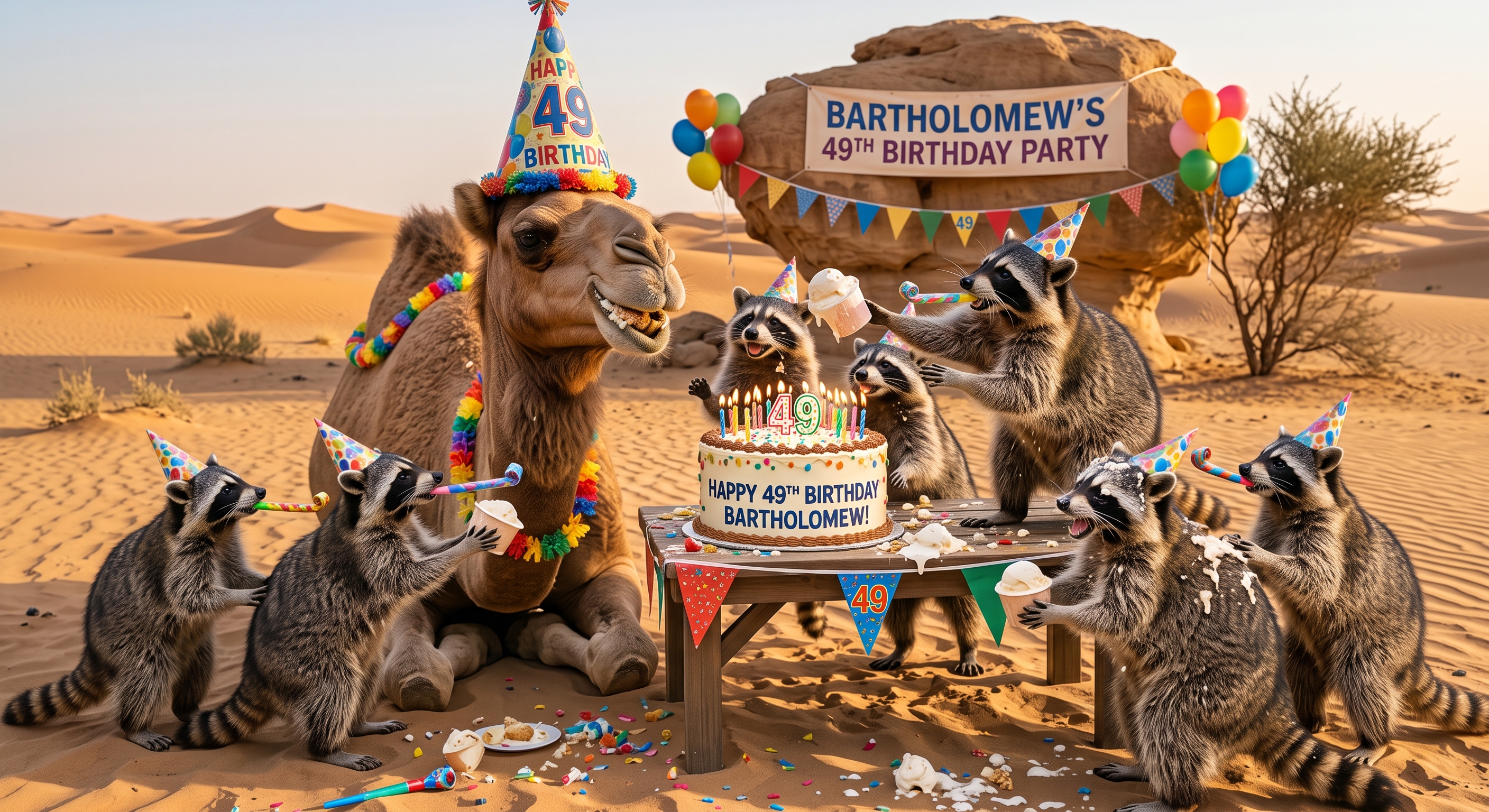 Little-known factoid of the day: a camel's birthday is variable! It is observed on the Wednesday immediately preceding September 17th each year. As Bartholomew T Camel approaches 5 decades of hump days, his merry band of raccoon buddies celebrate the 2,556 he's enjoyed so far. Happy Hump Day!