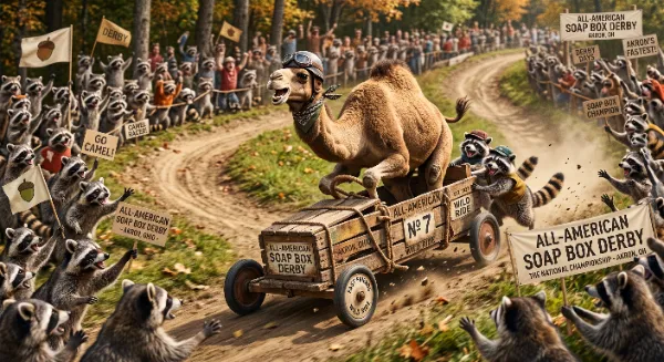 On this 92nd anniversary of the first Soap Box Derby (held in Dayton, Ohio on Aug 19, 1934), with assistance from his team "The Audacious Acorns", Mr. Camel competes in the All-American Soap Box Derby. Good luck and Happy Hump Day!