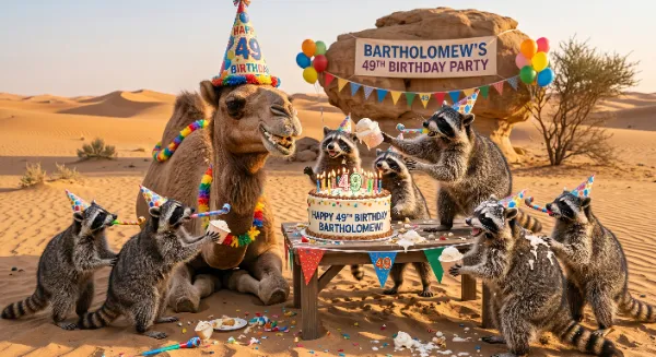 Little-known factoid of the day: a camel's birthday is variable! It is observed on the Wednesday immediately preceding September 17th each year. As Bartholomew T Camel approaches 5 decades of hump days, his merry band of raccoon buddies celebrate the 2,556 he's enjoyed so far. Happy Hump Day!