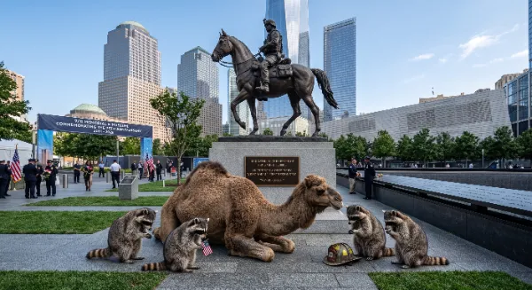 In commemoration of the 25th Anniversary of September 11, 2001, Mr. Camel gathers with his band of raccoons near America's Response Monument to respectfully honor the sacrifice of those who served. The courage of the heroes and the quiet dignity of every life lost on September 11 remain forever etched in our collective heart. We honor their sacrifice and renew our promise to stand united and never forget.